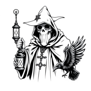 Draw a sketch of the plague doctor, along with a lantern and a raven, let the sketch be as simple as possible in terms of lines.