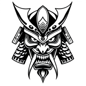 Japanese samurai demon warrior mask with two long sharp fangs coming out from bottom half of its jaw