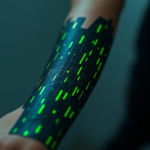 Matrix digital rain on forearm with some green shades