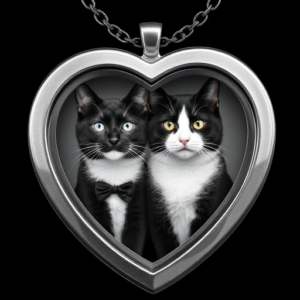 Open heart necklace locket with two pictures of tuxedo cats one in each side