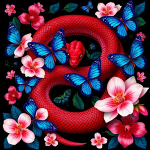 Red snake surrounded by blue and Indio butterflies with cherry blossoms and orchids incorporated