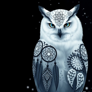 Snow owl with dream catcher behind