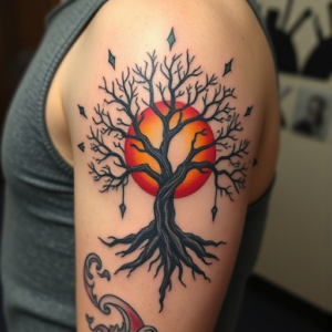 Tattoo for men, strength, courage, power, love, sex, fidelity, tree, sun, earth