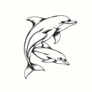Tattoo manuscript pictures in the ink - wash style. In the picture, there are two dolphin . The lines are elegant and vivid, with a smoky texture.