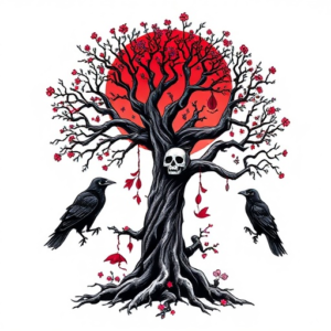 Tree with skull in roots and crows