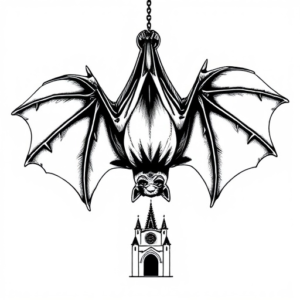 Upside-down bat unfurling his wings hanging from a small cathedral
