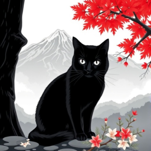 a black cat next to a maple tree and mountains in the background