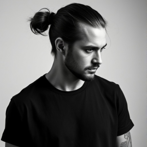 a man with his hair pulled back in