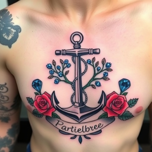couples tattoo with an anchor cross, roses, tree representing family, blue sapphires, and banner for namess