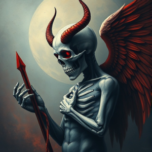 momento mori con el ojo de lucifer y un angel caido con colores(prefreiblemente en el fondo)