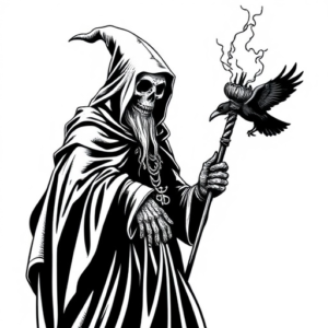 plague doctor with torch and raven