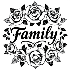 the word family surrounded by roses