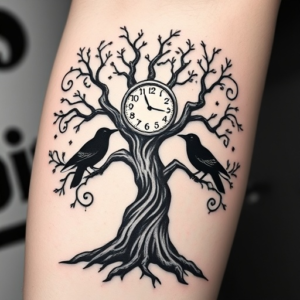 tree of life, with a clock, and crows