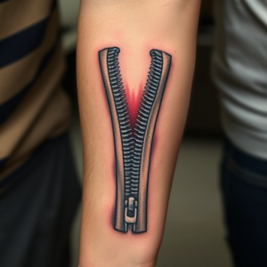 unzipped zipper tattoo on forearm with forearm muscles inside