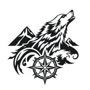 wolf mountains compass ocean waves