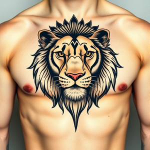 Realistic lion's head over the chest tattoo