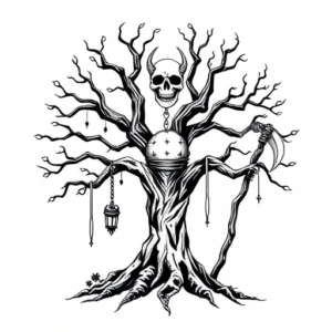 A tree with hangmen, a demon's skull, a scythe