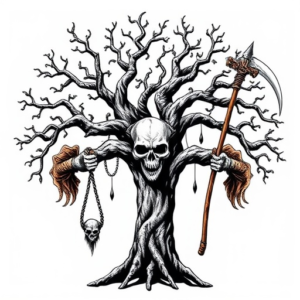 A tree with hangmen, a demon's skull, a scythe