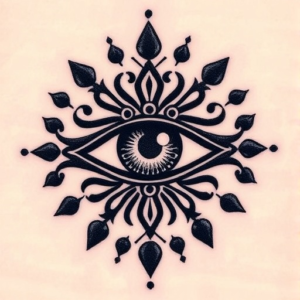 Abstract eye design centered on throat tattoo