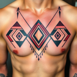 Abstract geometric shapes across the chest tattoo