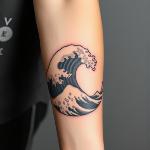 Abstract waves crashing in black lines, forearm tattoo