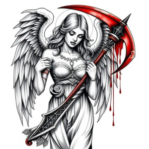 An angel woman crying tears of blood, holding a bloody scythe with blood dripping from it