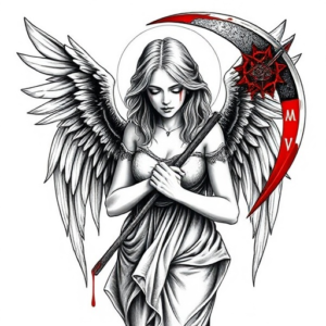 An angel woman crying tears of blood, holding a bloody scythe with blood dripping from it