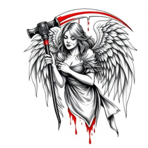 An angel woman crying tears of blood, holding a bloody scythe with blood dripping from it