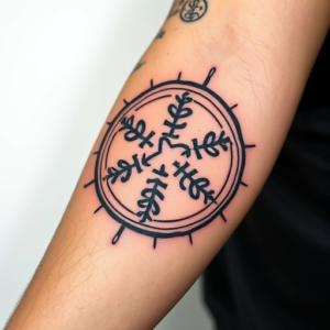 Ancient rune symbols carved into the arm tattoo
