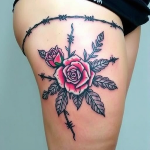 Barbed wire wrapped tightly with roses, thigh tattoo