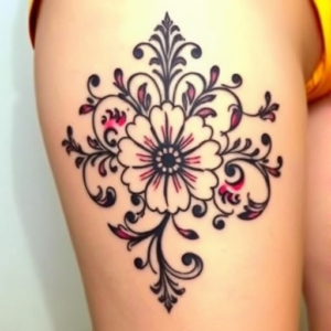 Baroque-inspired floral scrollwork, thigh tattoo