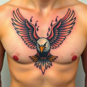 Bold eagle spreading wings on chest tattoo