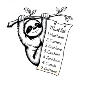 Cartoon Sloth hanging from an branch with a Long List which is titled „Must haves“ in tattoo design