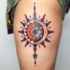 Celestial sun and moon in balance, thigh tattoo