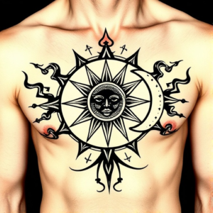 Celestial sun and moon on the chest tattoo