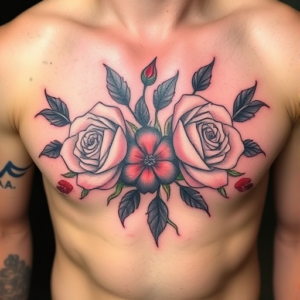 Delicate roses placed on the chest tattoo