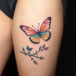 Delicate watercolor butterfly perched on a branch, thigh tattoo