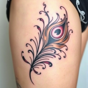 Elegant peacock feather with fine details, thigh tattoo