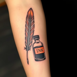 Feather quill and ink bottle on the arm tattoo