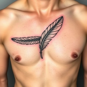 Fine-line feather falling across chest tattoo