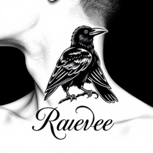 Fine-line raven perched on collarbone, neck tattoo