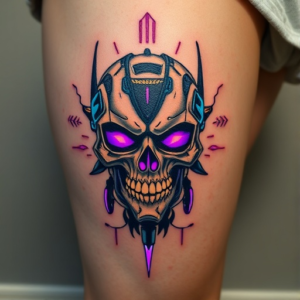 Futuristic cyberpunk skull with neon accents, thigh tattoo