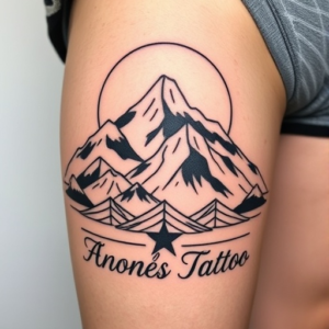 Geometric mountain range with bold lines, thigh tattoo