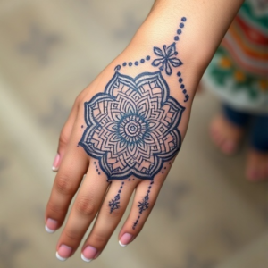 Hand tattoo with intricate mandala
