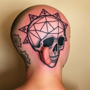 Head tattoo featuring a geometric skull design
