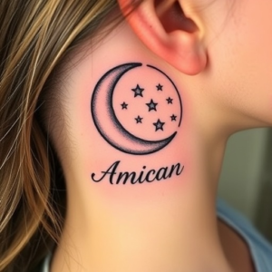 Head tattoo featuring a moon and stars constellation
