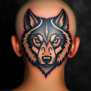 Head tattoo featuring a wolf’s face