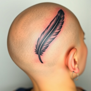 Head tattoo of delicate feathers across the scalp