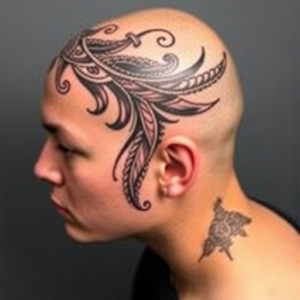 Head tattoo of intricate tribal patterns