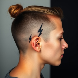 Head tattoo of minimalist lightning bolts